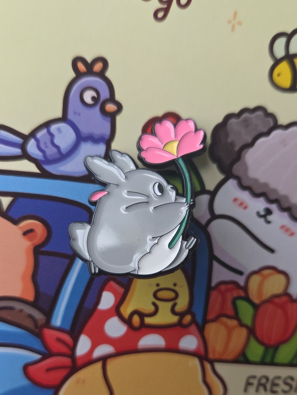 Gray Bunny Enamel Pin with Pink Flower - Cute Small Pets Accessory